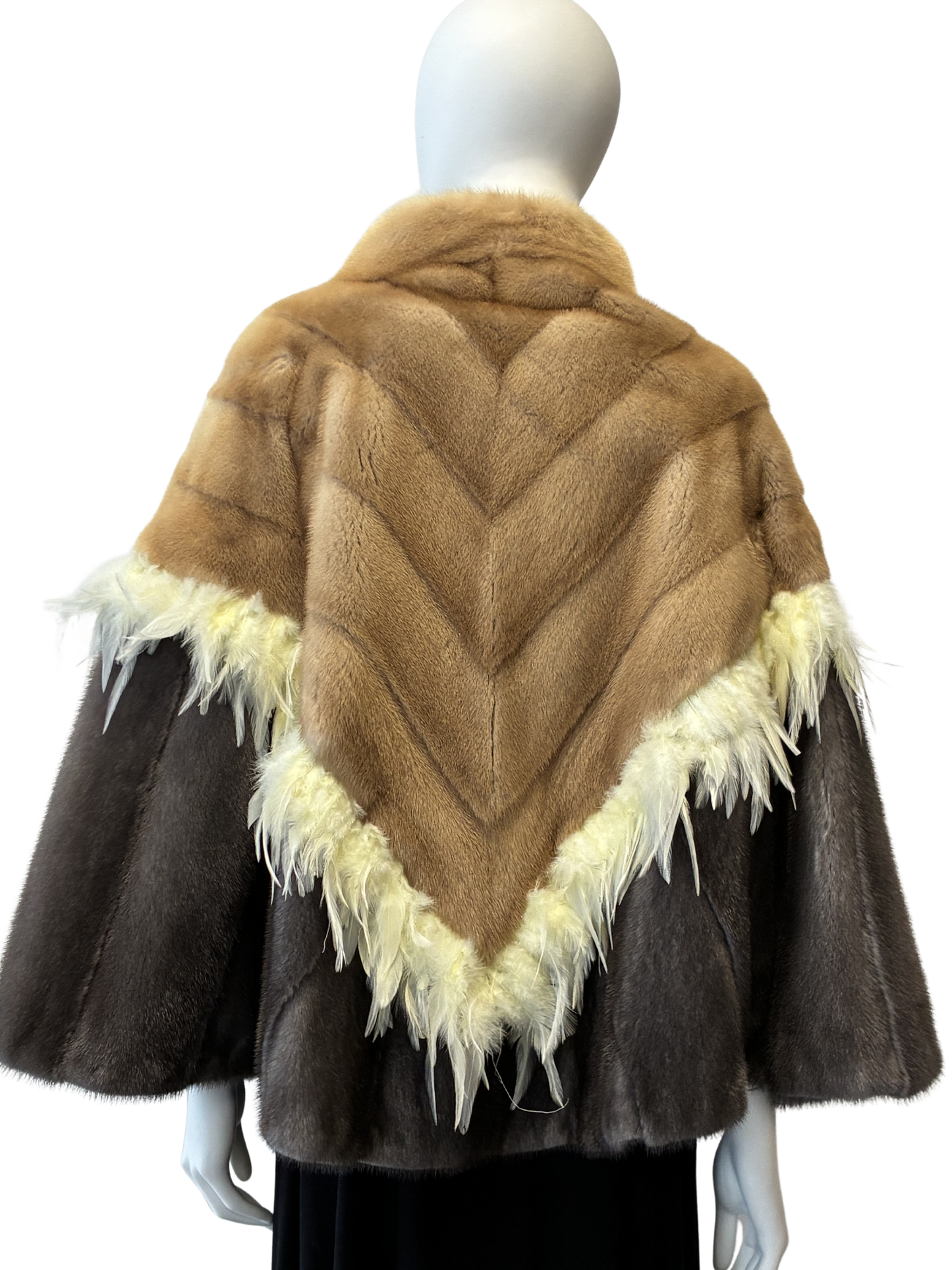 Palomino Mink and Blue Iris Mink cape with feathers.