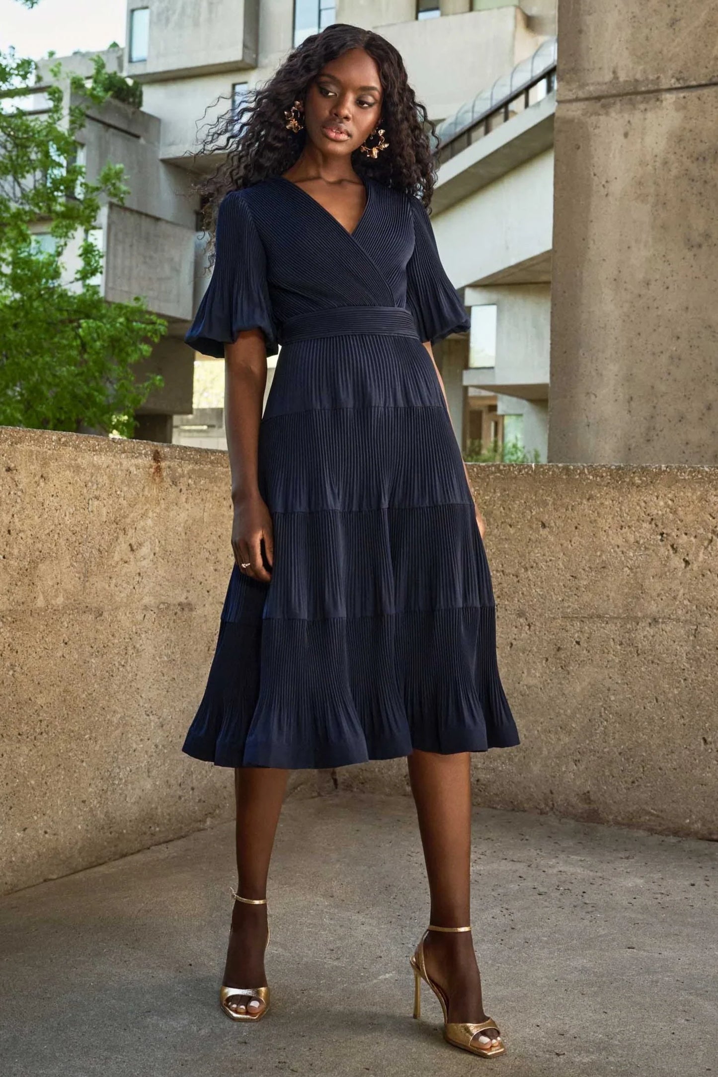 Joseph Ribkoff Pleated Woven Fit and Flare Dress
