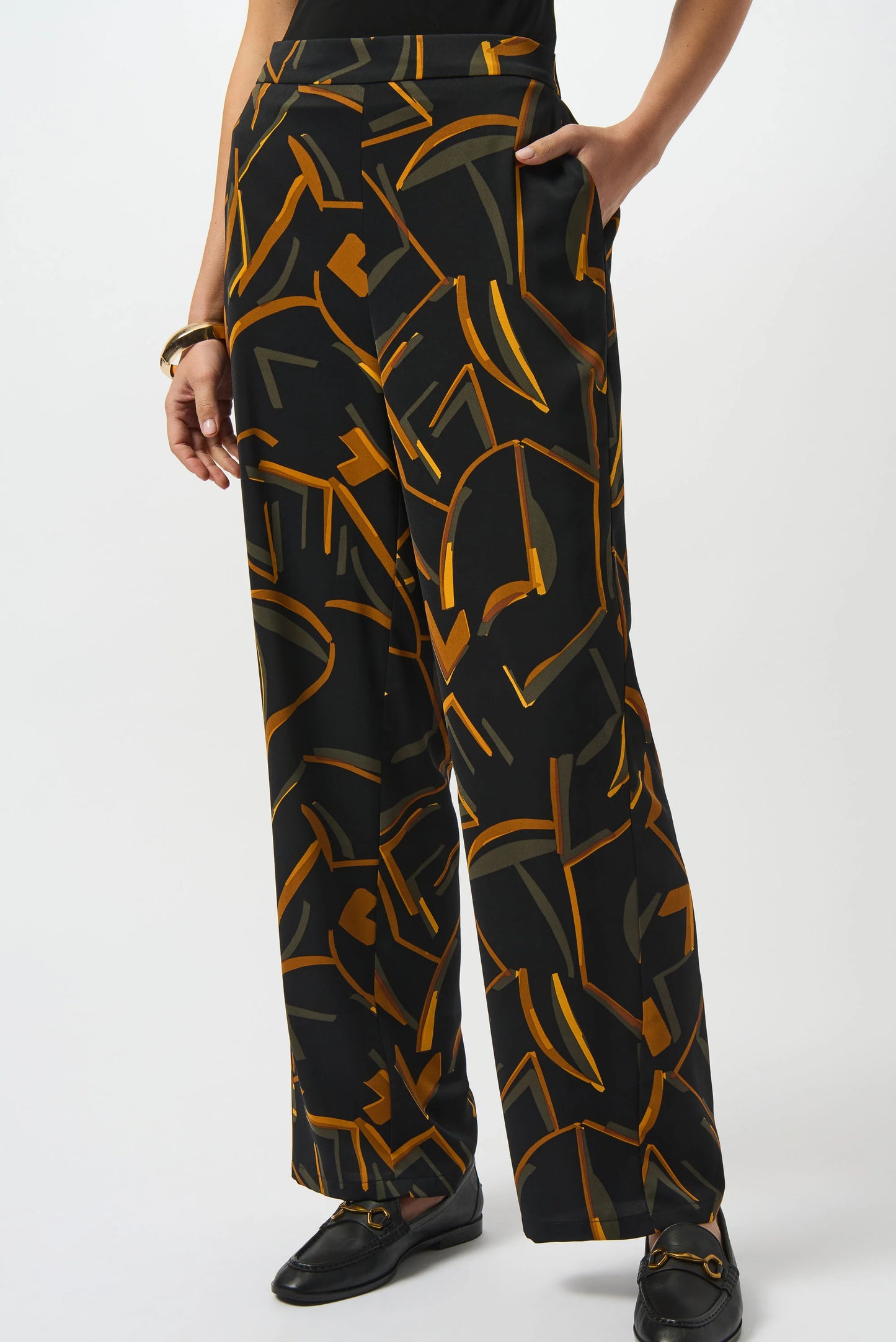 JOSEPH RIBKOFF Black/Multi Woven Geometric Print Wide-Leg Pants