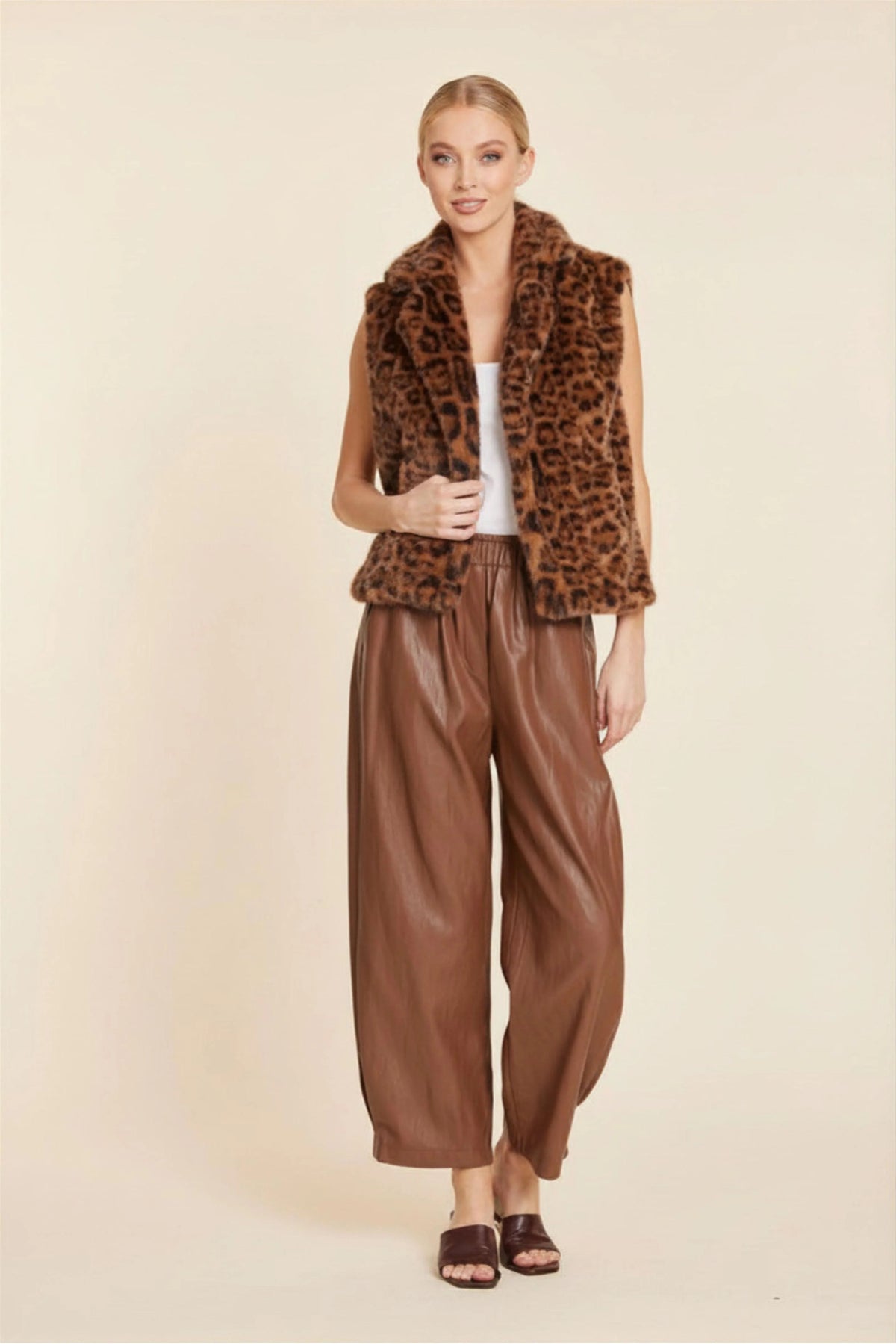DOLCE CABO Leopard Plush Faux Fur Notch Collar Vest