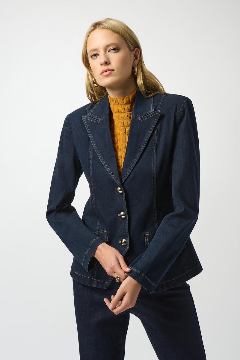JOSEPH RIBKOFF Denim Fitted Blazer with Gold Buttons