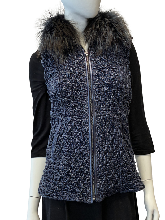 Blue Stretch Leather Vest Fox Trim