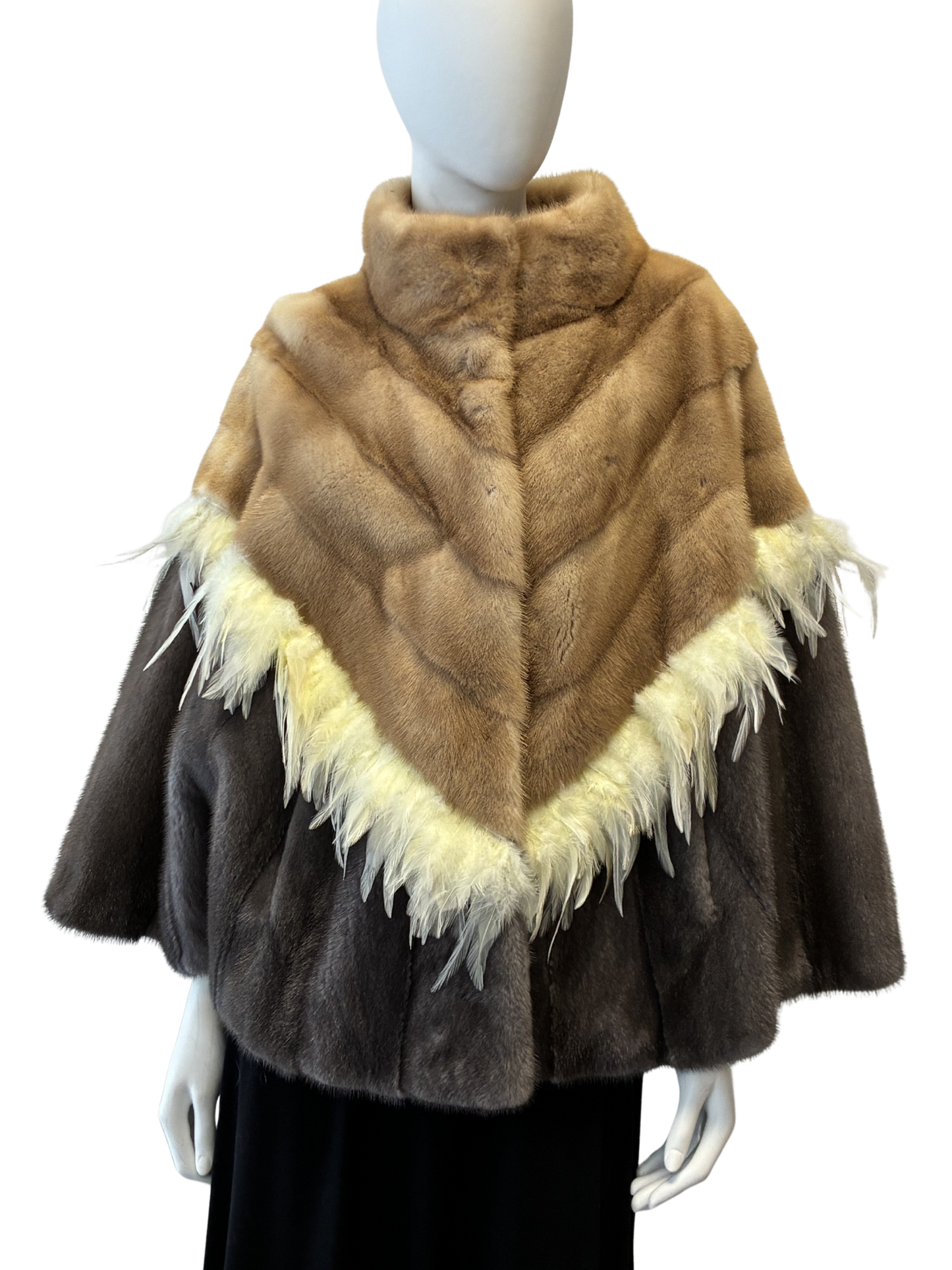 Palomino Mink and Blue Iris Mink cape with feathers.
