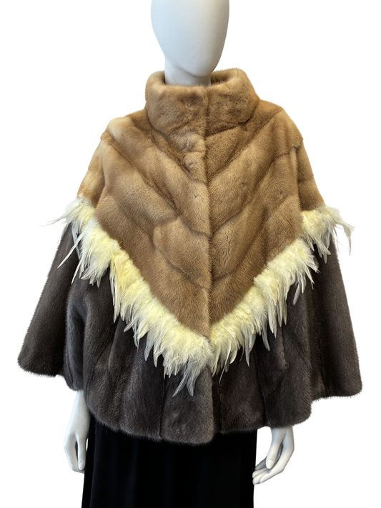 Palomino Mink and Blue Iris Mink cape with feathers.