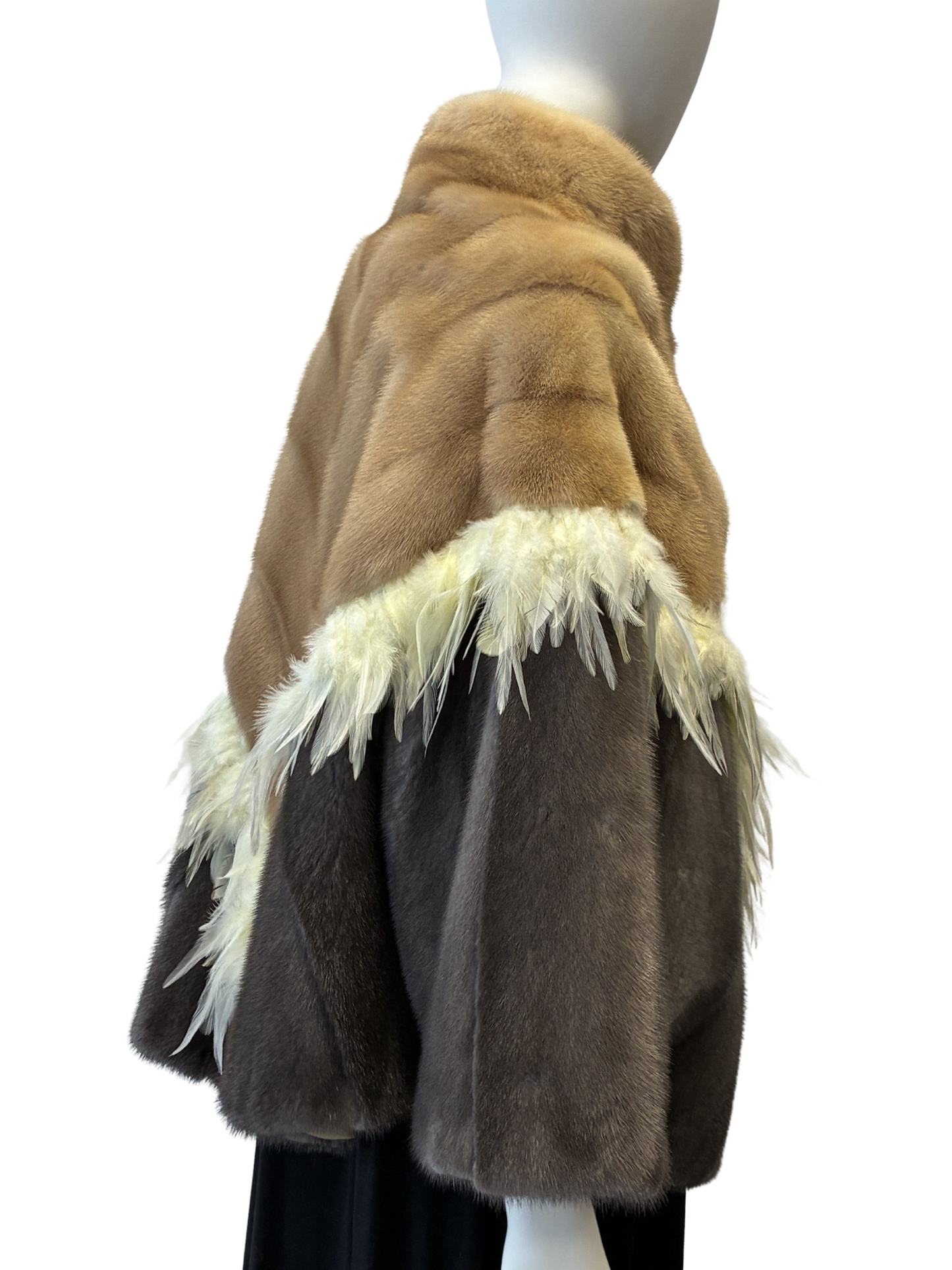 Palomino Mink and Blue Iris Mink cape with feathers.