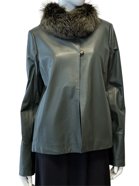 Green Leather Jacket Fox Collar