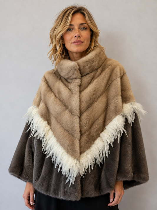 Palomino Mink and Blue Iris Mink cape with feathers.