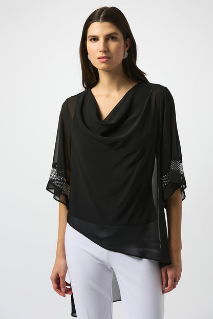 JOSEPH RIBKOFF Black Chiffon Asymmetrical Layered Top Style