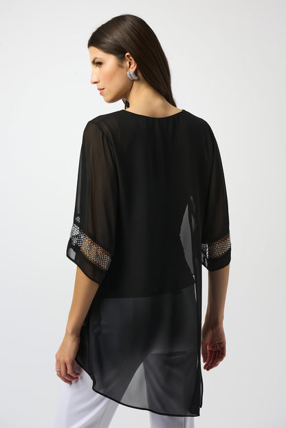 JOSEPH RIBKOFF Black Chiffon Asymmetrical Layered Top Style