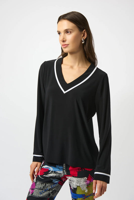 JOSEPH RIBKOFF Black/Vanilla Silky Knit Straight Top With Contrast Detail