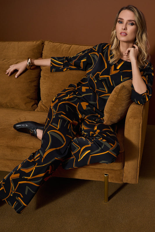 JOSEPH RIBKOFF Black/Multi Woven Geometric Print Wide-Leg Pants