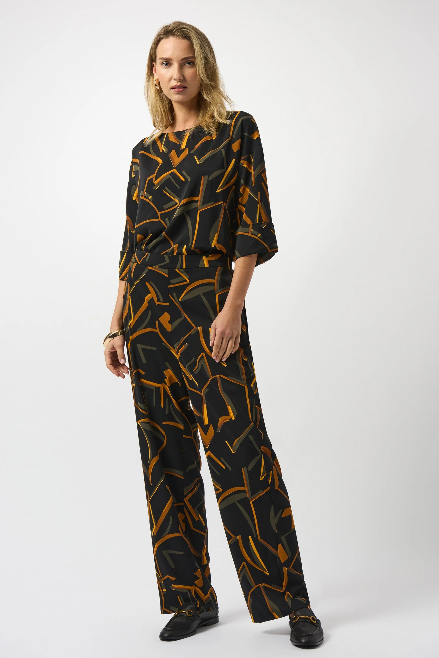 JOSEPH RIBKOFF Black/Multi Woven Geometric Print Wide-Leg Pants