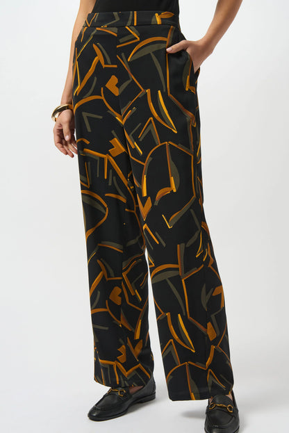 JOSEPH RIBKOFF Black/Multi Woven Geometric Print Wide-Leg Pants