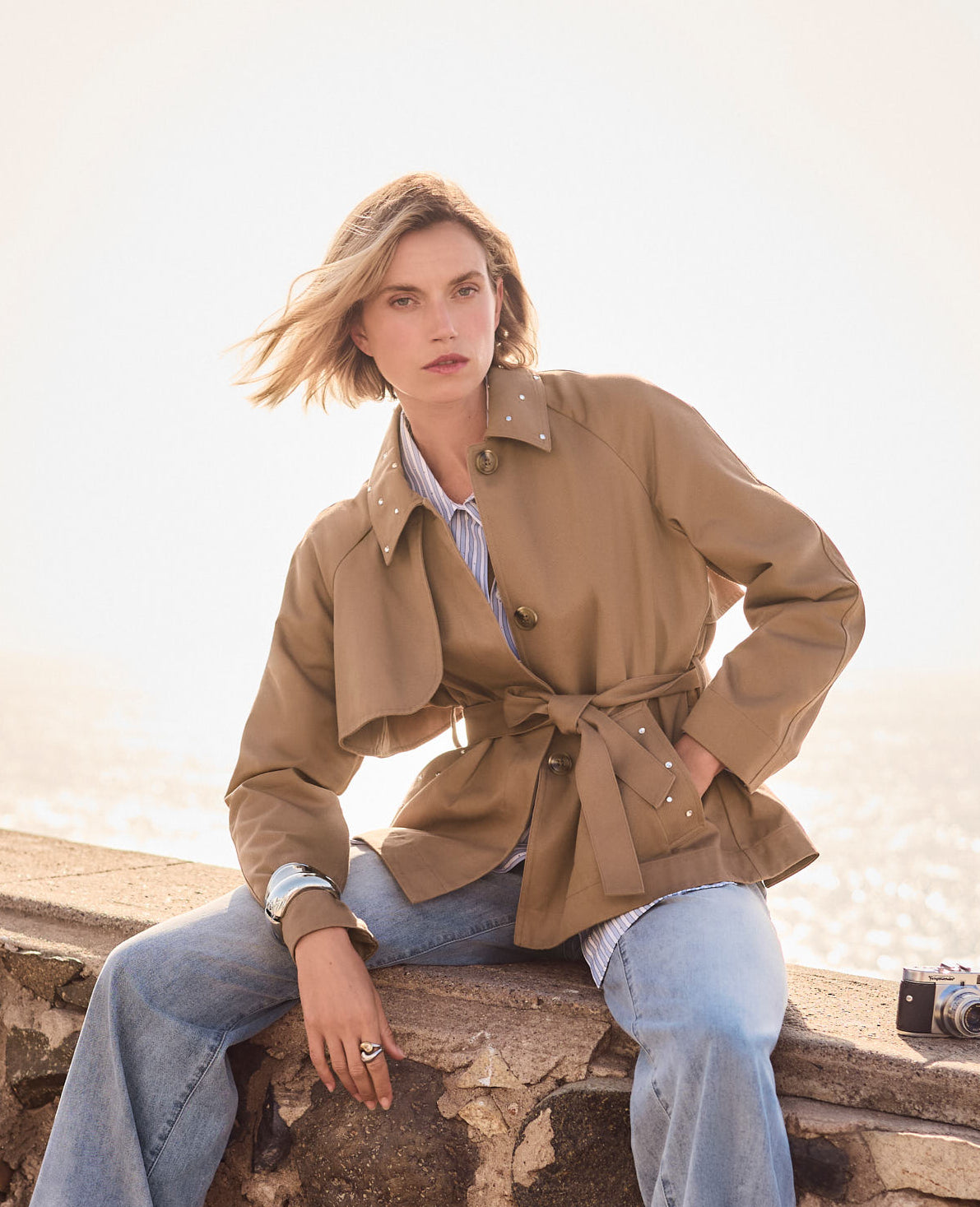 JOSEPH RIBKOFF Short Trench Jacket With Rhinestones