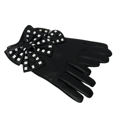 VICTORIA X. WANG Black Leather Gloves w/Bow Accent