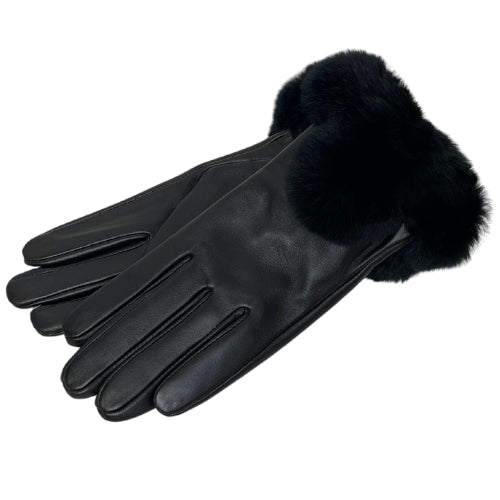 VICTORIA X. WANG Black Leather Gloves w/Rex Rabbit Trim