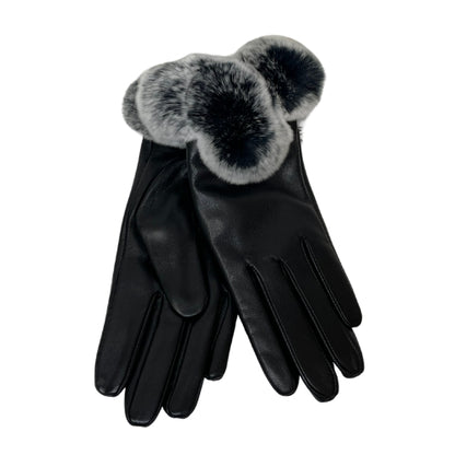 VICTORIA X. WANG Black Leather Gloves w/Rex Rabbit Trim