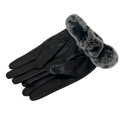 VICTORIA X. WANG Black Leather Gloves w/Rex Rabbit Trim