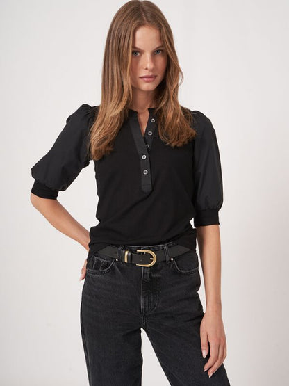 REPEAT CASHMERE Henley Top With Short Puff Sleeves