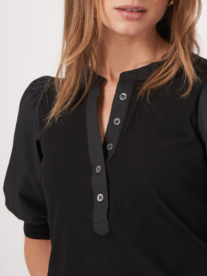 REPEAT CASHMERE Henley Top With Short Puff Sleeves