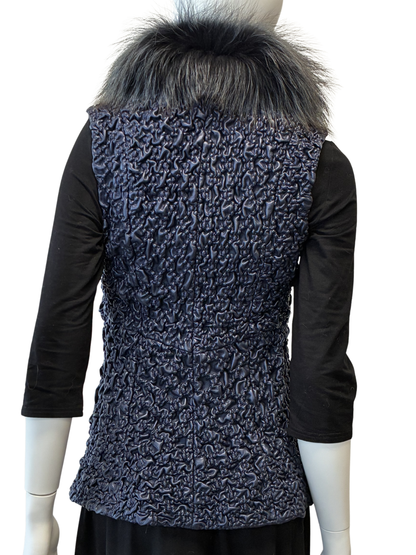 Blue Stretch Leather Vest Fox Trim