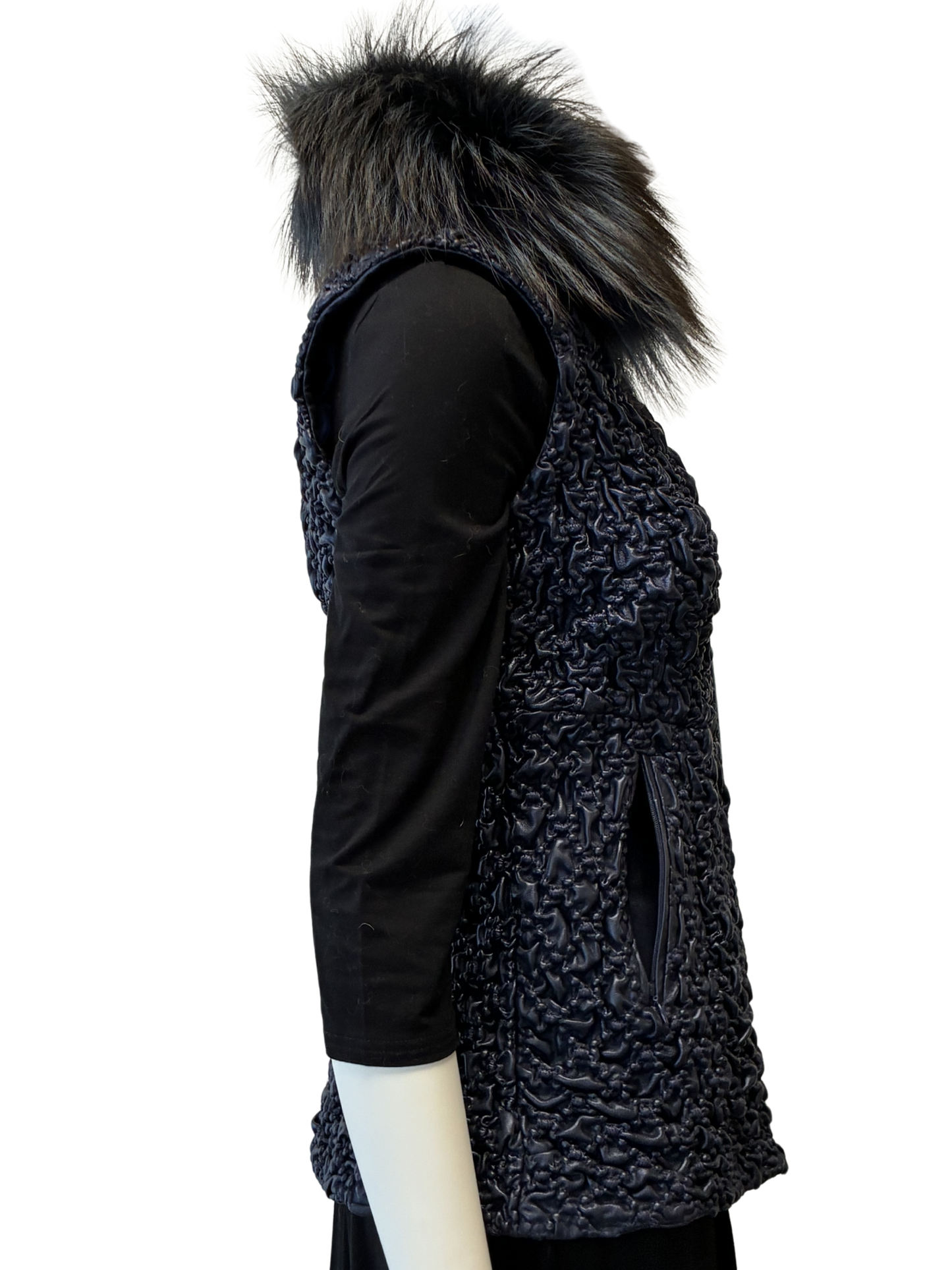 Blue Stretch Leather Vest Fox Trim
