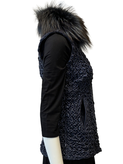 Blue Stretch Leather Vest Fox Trim