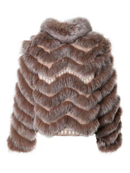 DIOMI Embroidered Reversible Silk to Fox Jacket in Caffe Latte