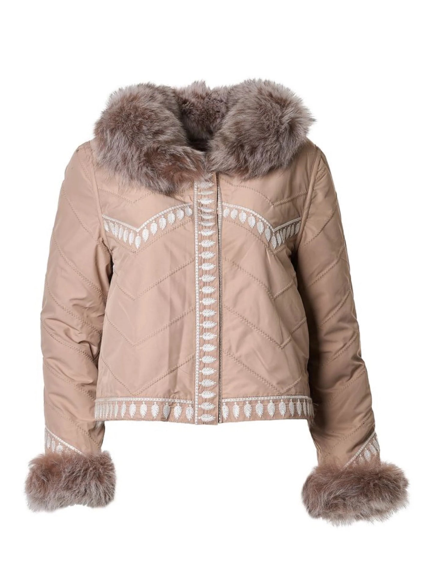 DIOMI Embroidered Reversible Silk to Fox Jacket in Caffe Latte