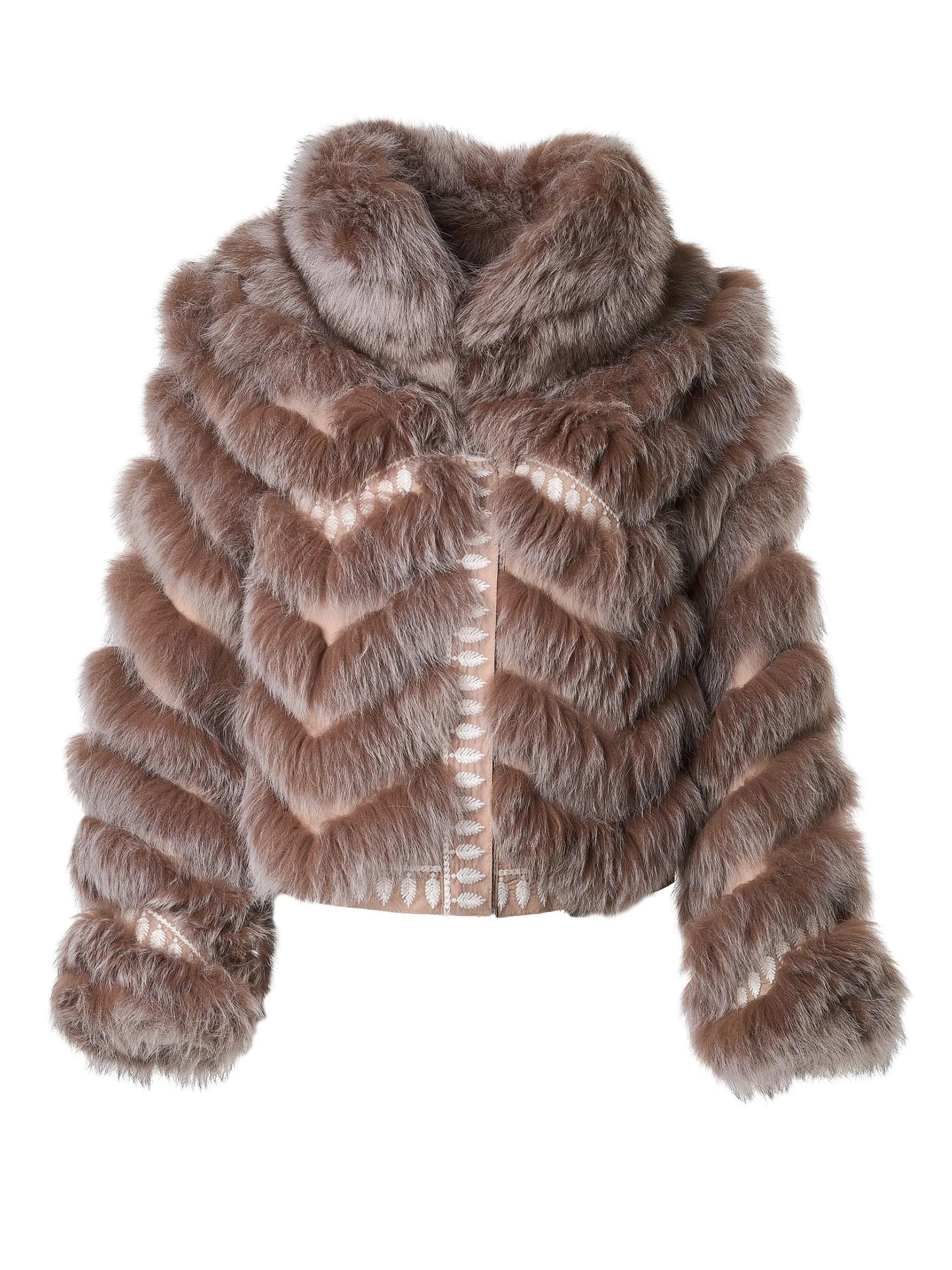 DIOMI Embroidered Reversible Silk to Fox Jacket in Caffe Latte