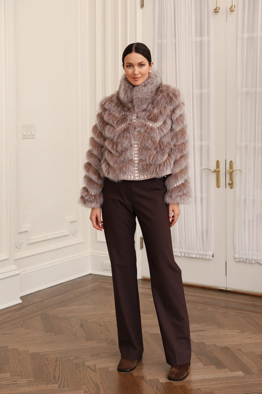 DIOMI Embroidered Reversible Silk to Fox Jacket in Caffe Latte