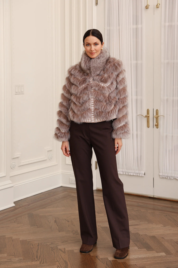 DIOMI Embroidered Reversible Silk to Fox Jacket in Caffe Latte