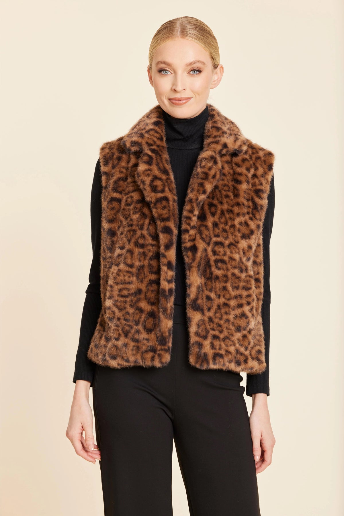 DOLCE CABO Leopard Plush Faux Fur Notch Collar Vest
