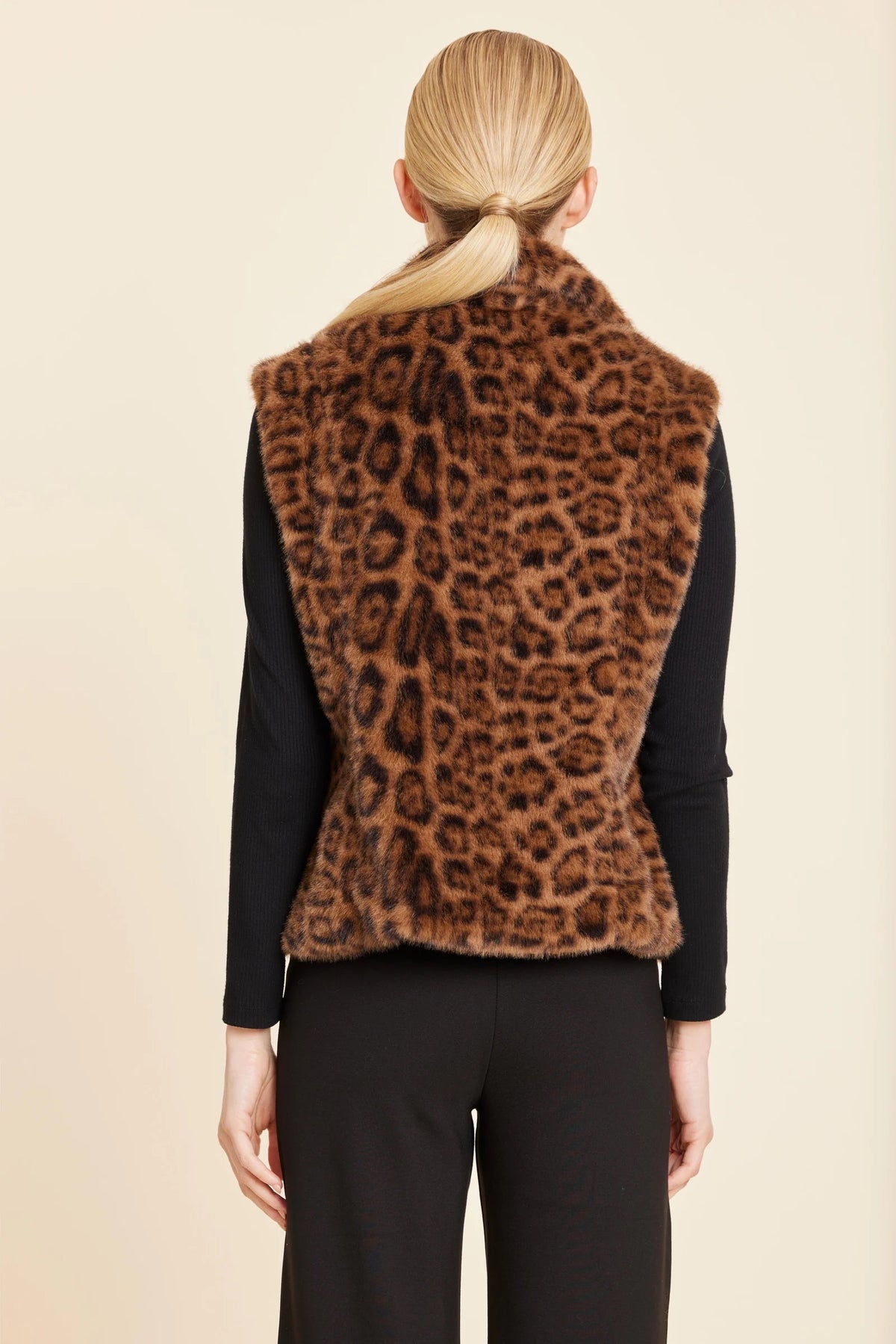 DOLCE CABO Leopard Plush Faux Fur Notch Collar Vest