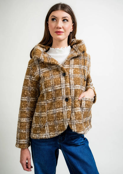 Trisha Taylor PLAID BOUCCLE POUFF NECK COAT