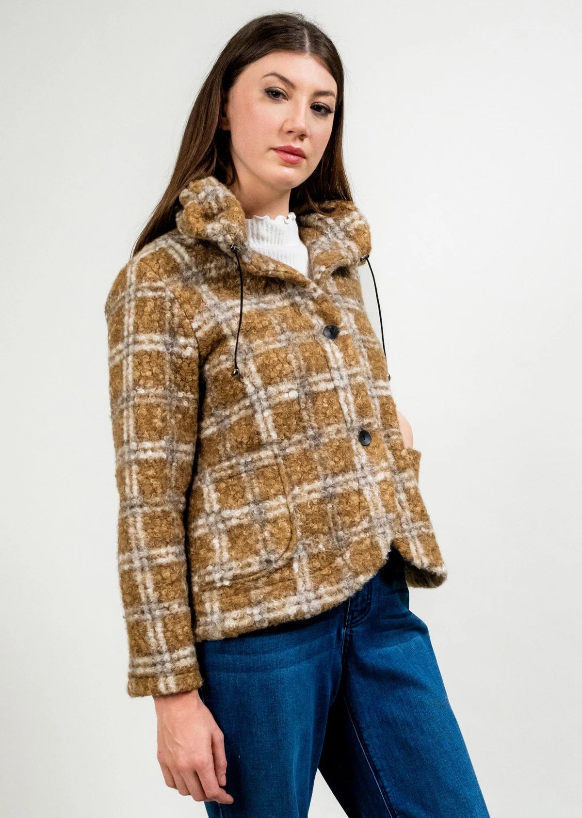 Trisha Taylor PLAID BOUCCLE POUFF NECK COAT