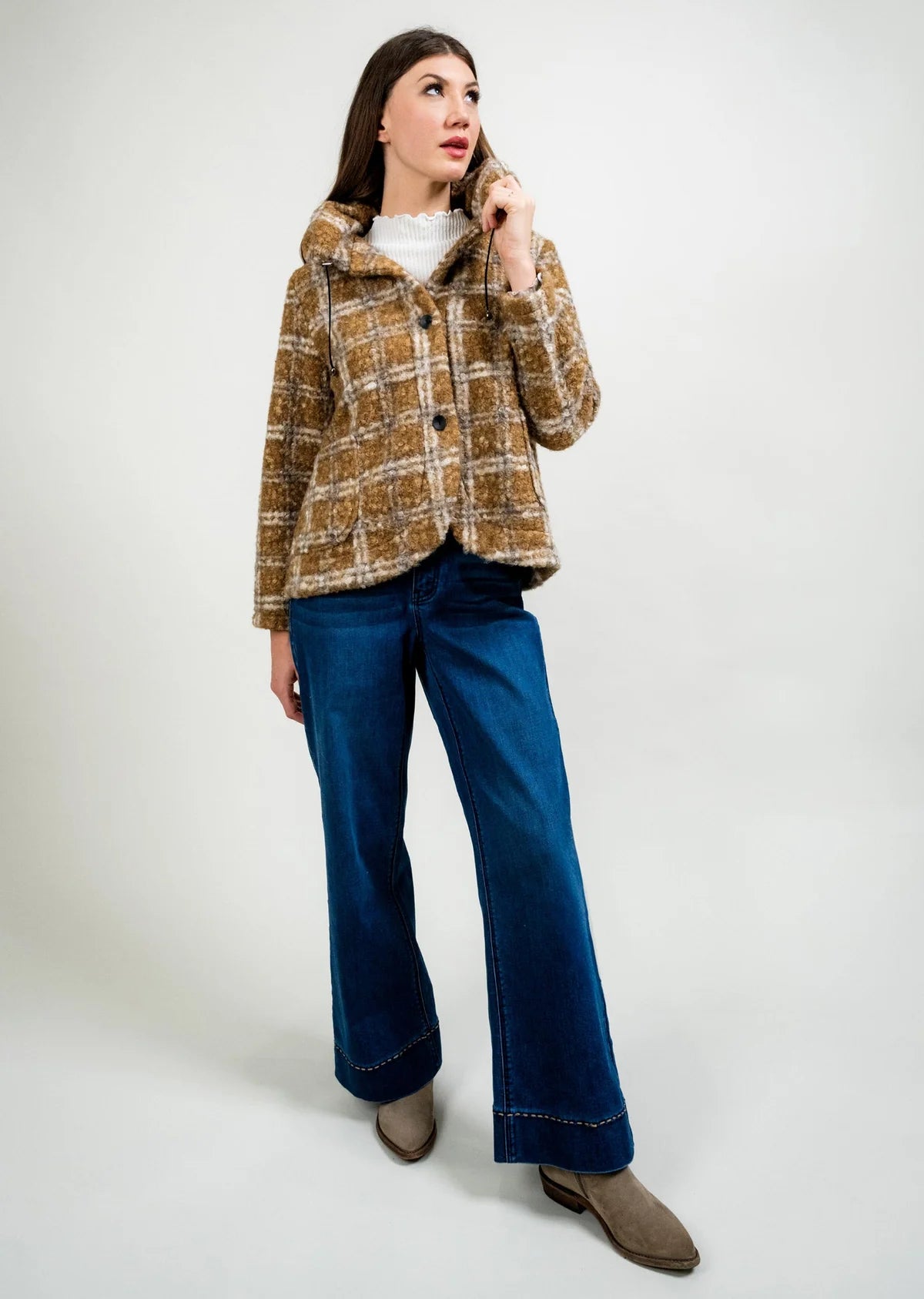 Trisha Taylor PLAID BOUCCLE POUFF NECK COAT