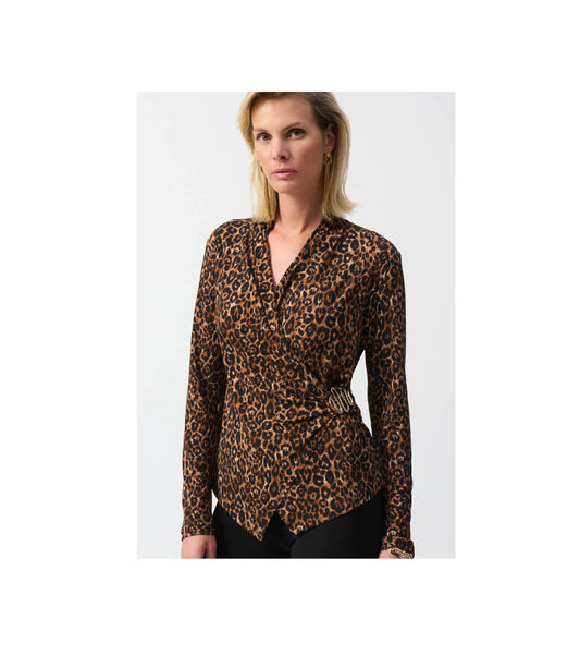 JOSEPH RIBKOFF Beige/Black Animal Print Fitted Top