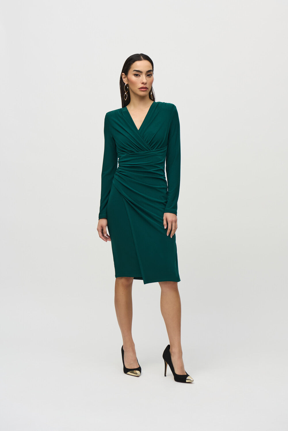 JOSEPH RIBKOFF Knee Length Wrap Ruched V-neck Dress