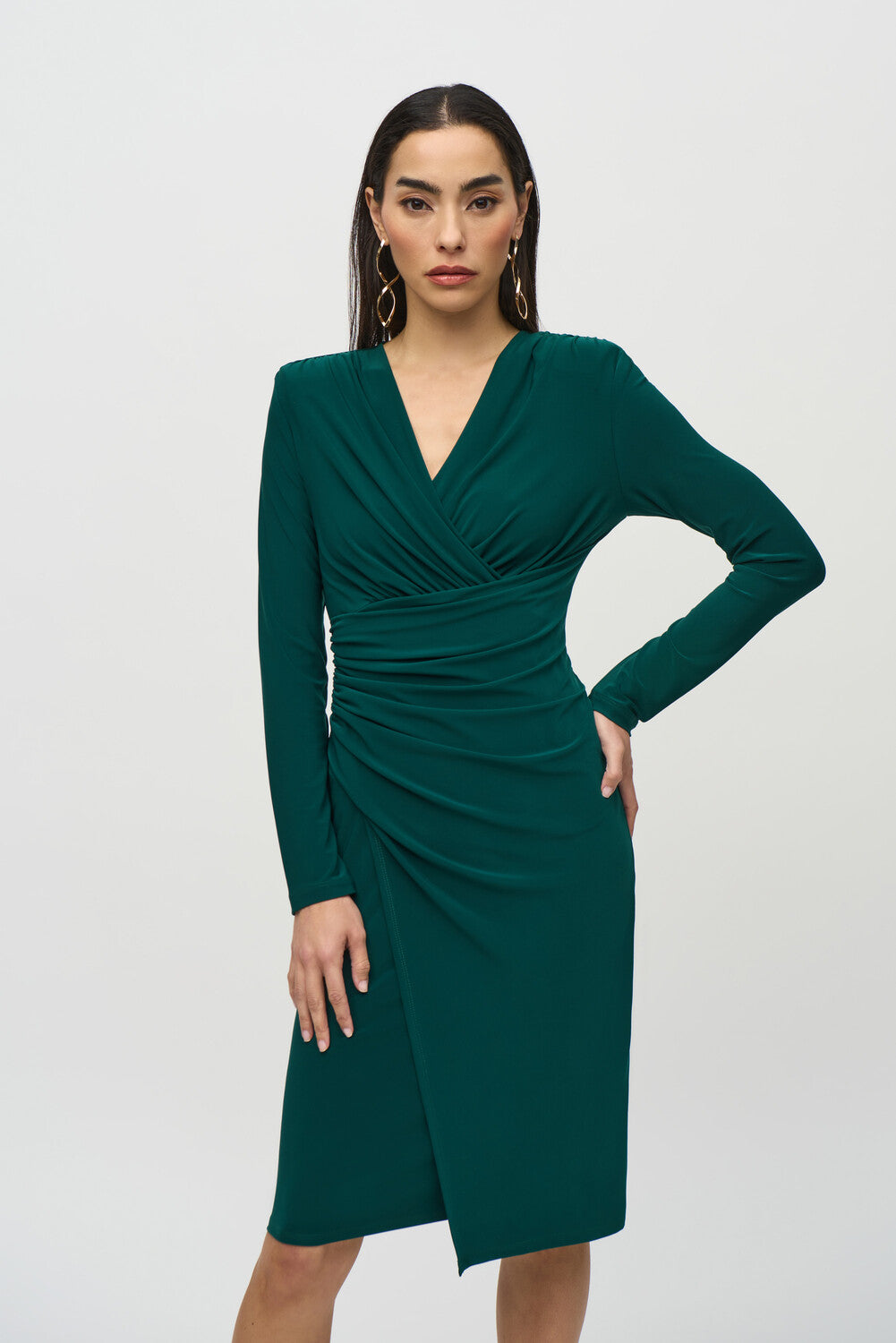 JOSEPH RIBKOFF Knee Length Wrap Ruched V-neck Dress